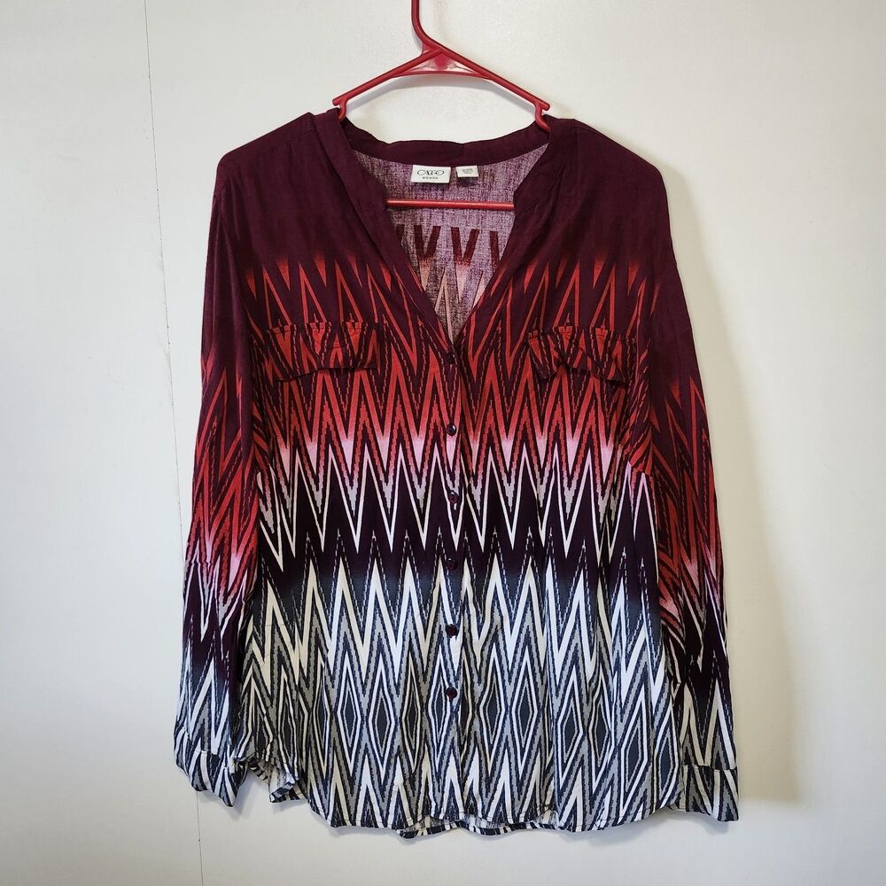 Cato Womens 18/20W Ikat Chevron Button Up Blouse Rayon Red Geometric Top